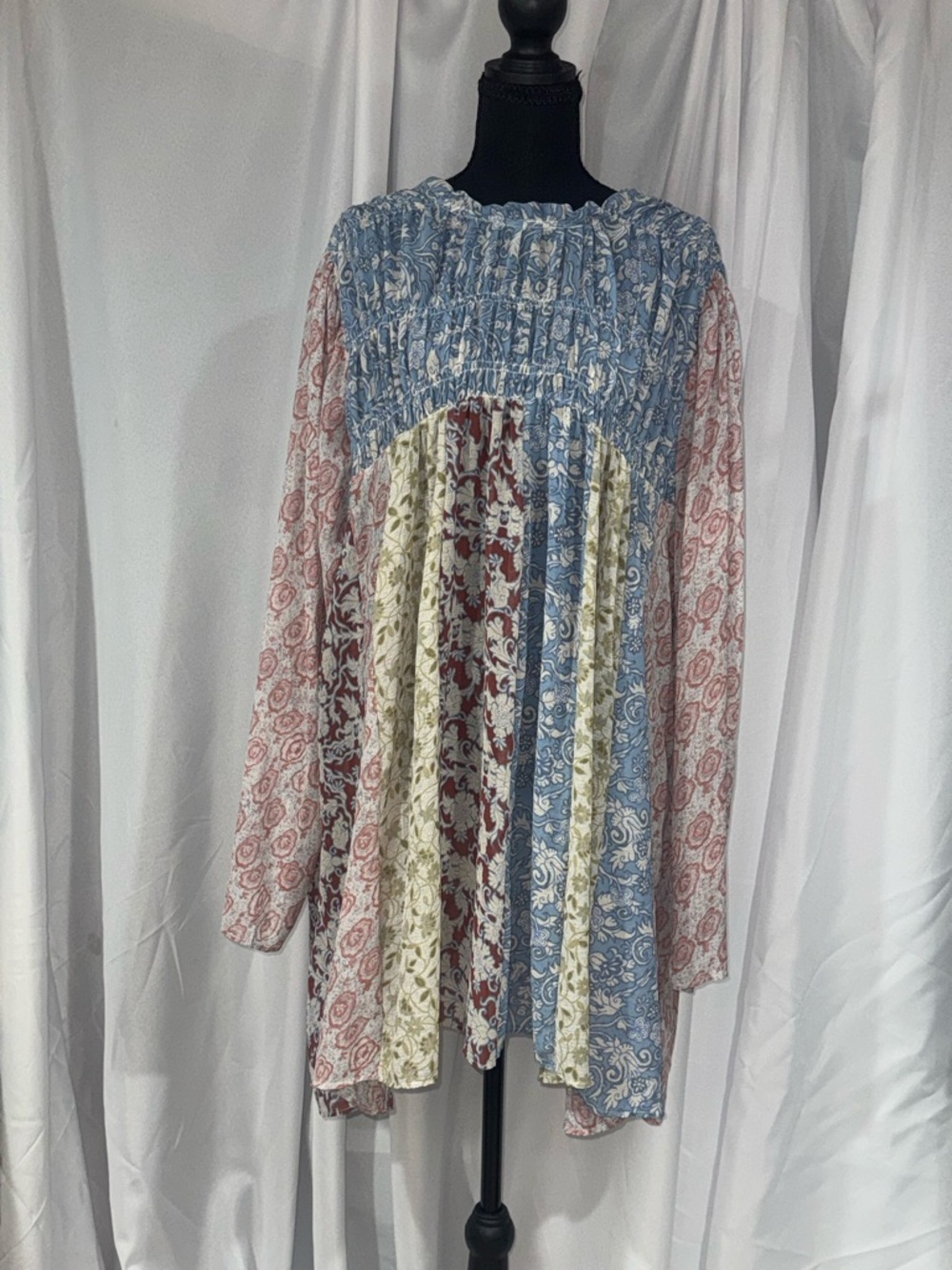 Free People Multi-Print Midi Dress in Blue, Cream & Rust